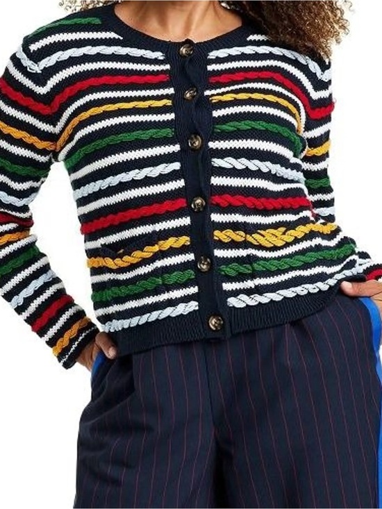 La Ligne Sweaters - La Ligne Navy Striped Cable-Knit Cardigan with Red, Green & Yellow Accents